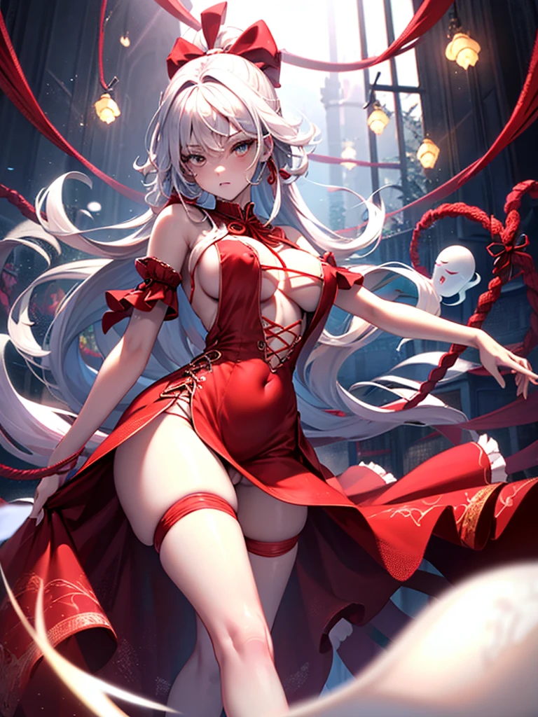dancer, red dresses doll, showing off, masterpieces, HD, 16K, white hair, white eyes, red rope, scale up, perfect body shape, ghost, spirit, children, cute, spiral, red ribbon, Violence ta, underboobs, sexy, mind break, dumb, pussy, nipples, observation, nerd, creative, tips, NPC
