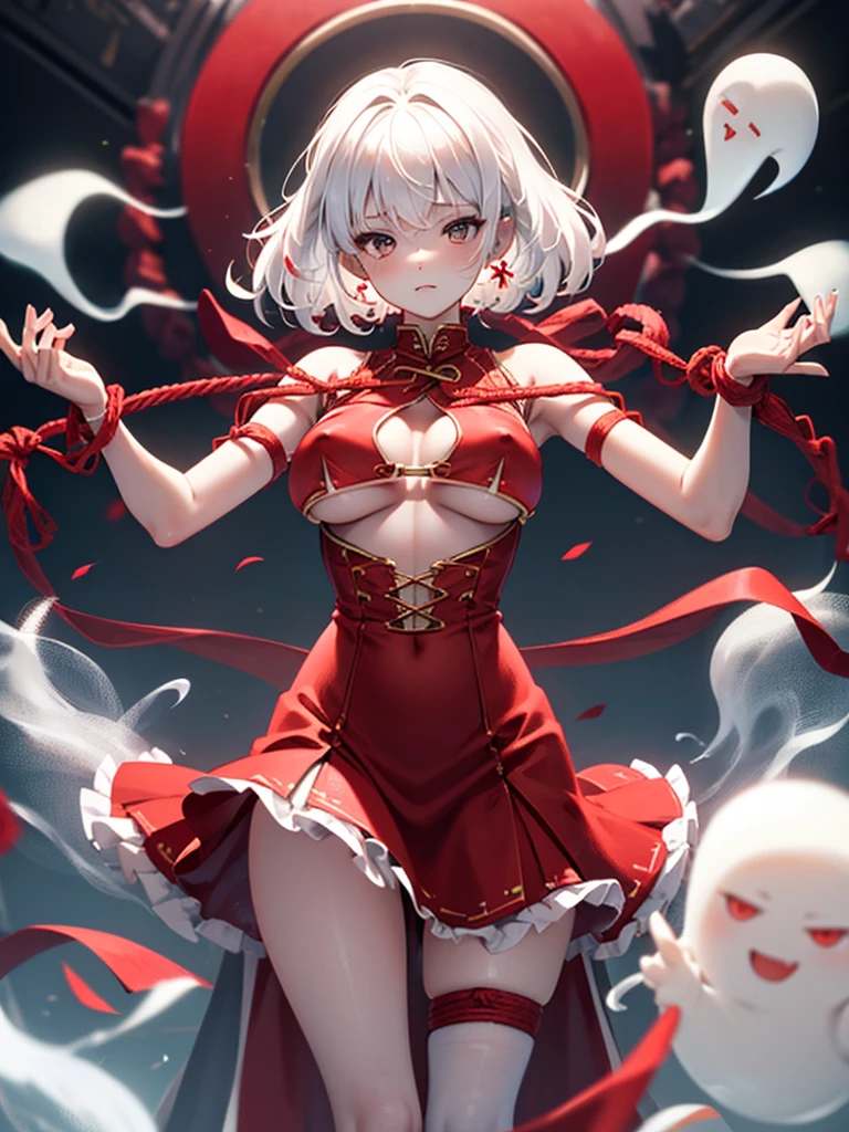 dancer, red dresses doll, showing off, masterpieces, HD, 16K, white hair, white eyes, red rope, scale up, perfect body shape, ghost, spirit, children, cute, spiral, red ribbon, Violence ta, underboobs, sexy, mind break, dumb, pussy, nipples, observation, nerd, creative, tips, NPC