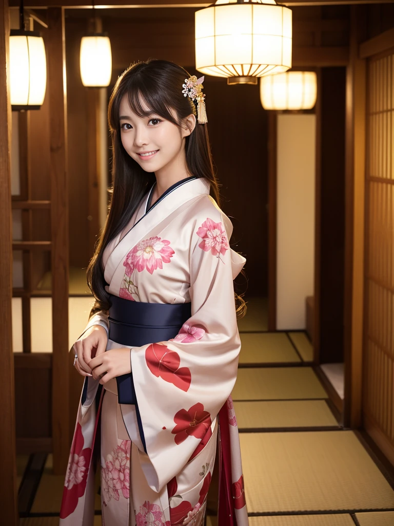 masterpiece、1 beautiful girl、Detailed eyes、Puffy eyes、Highest quality, 超High resolution, (Reality: 1.4), Cinema Lighting、Japanese、Asian Beauty、Super Beauty、Beautiful Skin、Slender、Body facing forward、(Surreal)、(High resolution)、(8k)、(Very detailed)、(Beautiful and detailed eyes)、(Ultra-detailed)、Detailed face、Bright lighting、Professional Lighting、(The costume is a kimono)、Long Hair, My hair is messy, (Japanese-style room)、Brown Hair、Japanese Idols、Age 21、expensive, smile,Double teeth、(((Turn your body forward)))、Show your whole body、Walking the hallway