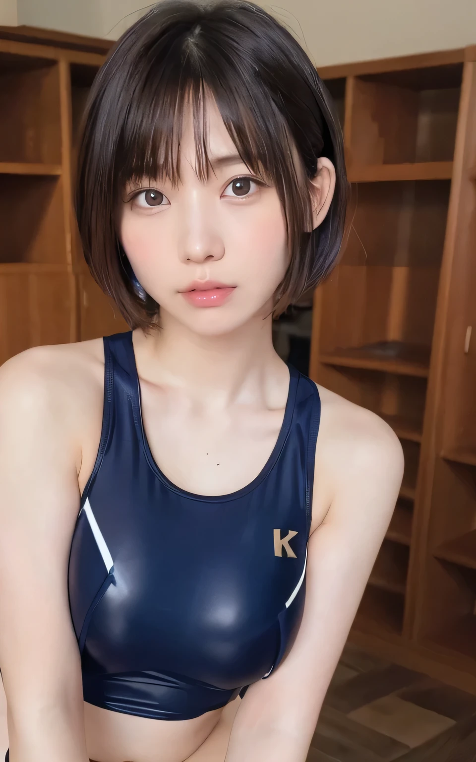 ((highest quality、8K、masterpiece:1.3))、sharp:1.2、perfect body beauty:1.4、Slim abs:1.2、((layered hairstyles、huge :1.2))、G cup、plump and thick、high school girl、、innocent、Childish、wet:1.5、Highly detailed face and skin texture、detailed eye、double eyelid、Looking at the camera、Brown hair shortcut、Sweat、Take a full body photo、shortcut、beaver、short haired、short hair、belly button、locker room、I'm changing clothes、Swimwear、School Swimsuit