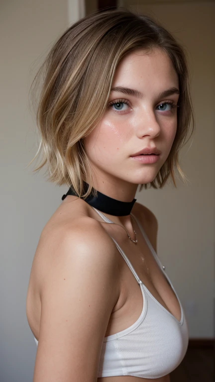 Beautiful Art, 18 yo blonde girl . Full lips. Eyes wide. ((Very short hair)), well-trained body, ((sweaty skin)), choker