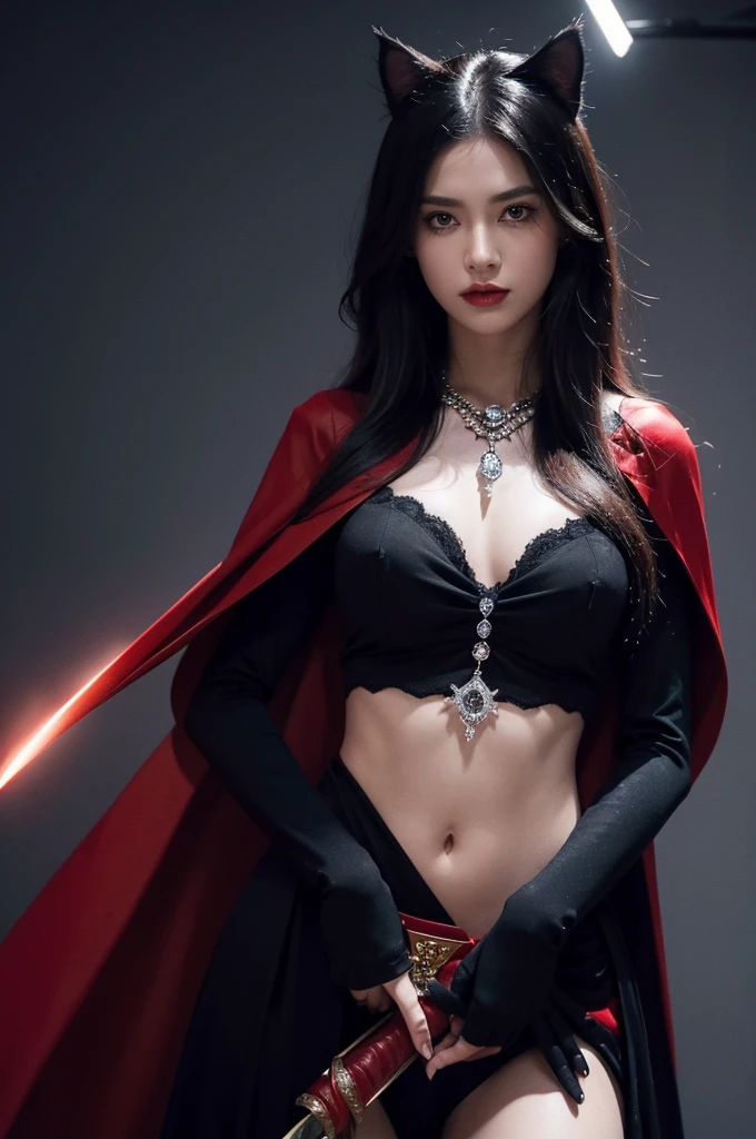 Black cat with red eyes,A gem hanging on the chest,Holding a jeweled sword,Wearing a red cape