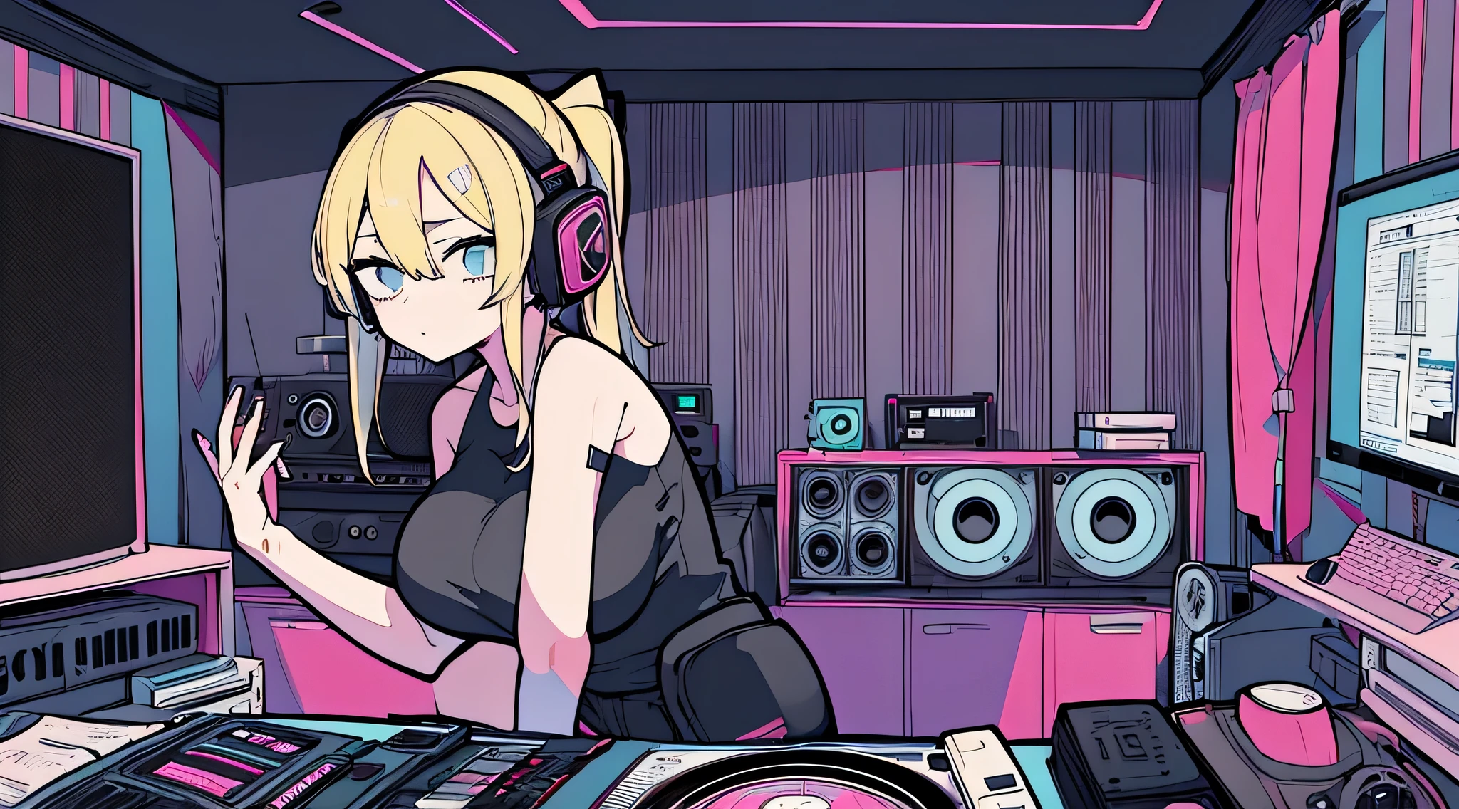Best quality, (masterpiece), best detail face,1 girl, , 18 yo, 8k,absurdres,unity 8k wall paper,(extremely detailed:1.3), highest realistic, (retro headphones:), (soft neon light:), (psychedelic), Her room full of music equipment and records, sports wear , See the whole room , dark grey color pallet, blonde hair, pony tail hair