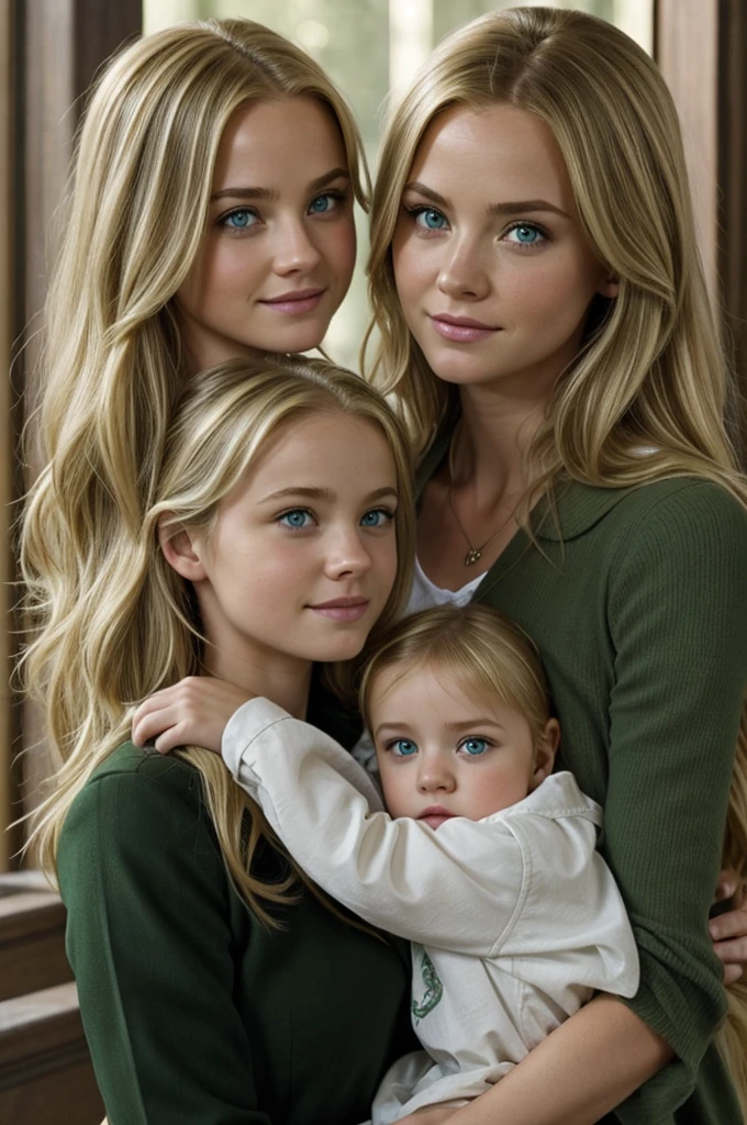 Adriana Potter( blonde hair, green eyes) and Albus Severus Potter( dark hair, green eyes) Along with her daughter