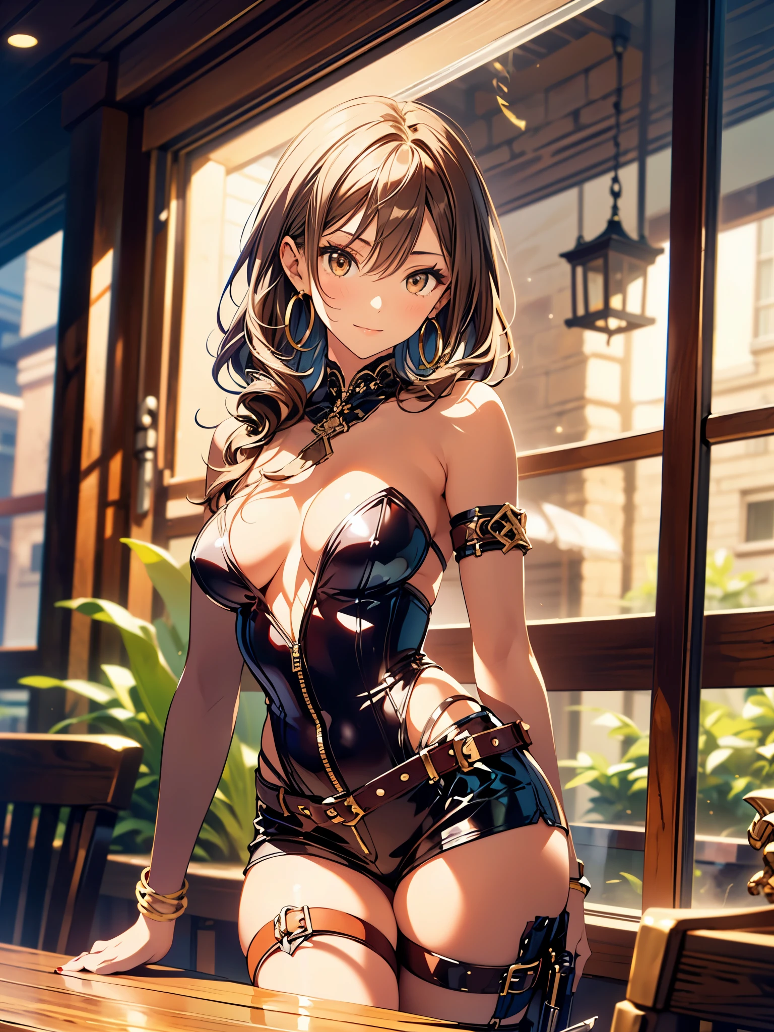 (masterpiece), best quality, expressive eyes, perfect face, (tavern background), (standing), (smirk), (closeup view), (1girl, vanessa alessia, dark skin, tanned skin, brown hair, wavy hairstyle, brown eyes, hourglass figure, thin body, skinny body, petite_body, medium breasts, thick thighs, long fingernails, white front lace blouse, long sleeve, loose fit, brown leather corset, brown leather shorts, brown boots, sheathed cutlass sword, flintlock pistol in holster, hoop earrings, miscellaneous jewelry), big breasts, stripping, elegant makeup, exhibitionism, naked in public, , slim thighs, toned body, shiny skin, sexy pose,narrow hips, wearing high hip thong and see-through top, amber eyes, (((girl stripping on table))) , sultry look, seductive