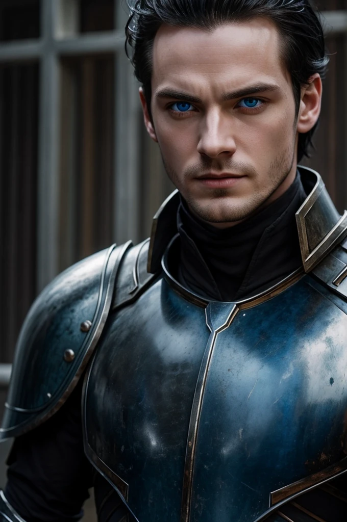 A man of slim build, pale skin that radiates light, blue eyes, messy black hair with strands falling on his forehead,Wear armor 