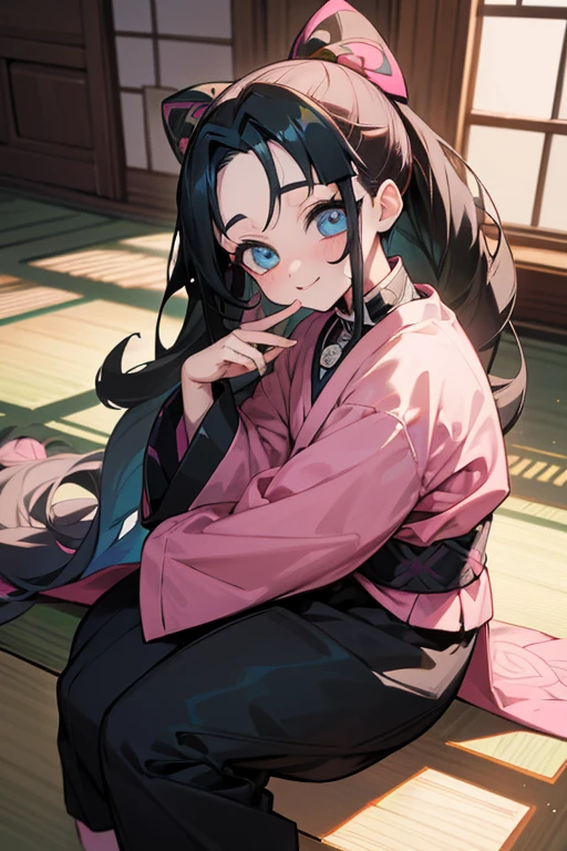 (best qualityer)), ((work of art)), (detailded)), ((art アニメ Kimetsu no Yaiba)) child, blackquality hair, pink eye and blue eye, with the eye pupil shaped like a bright white star, large white haori with pink water details, in an old Japanese house, sitting on the floor, smiling looking to the side, long and loose hair, fluffly, アニメ, art, Kimetsu no Yaiba