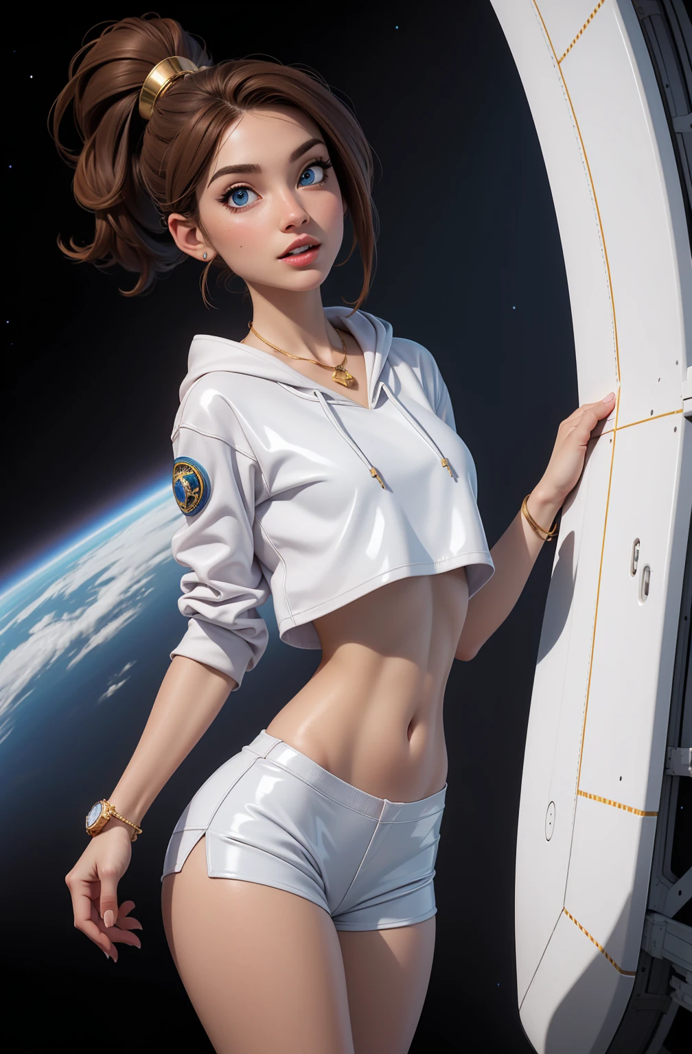 brown hair, blue eyes, ponytail, (white crop top hoodie), (white latex short shorts), gold necklace, wrist watch, in a cockpit of a spaceship, in space (photorealistic: 1.4)