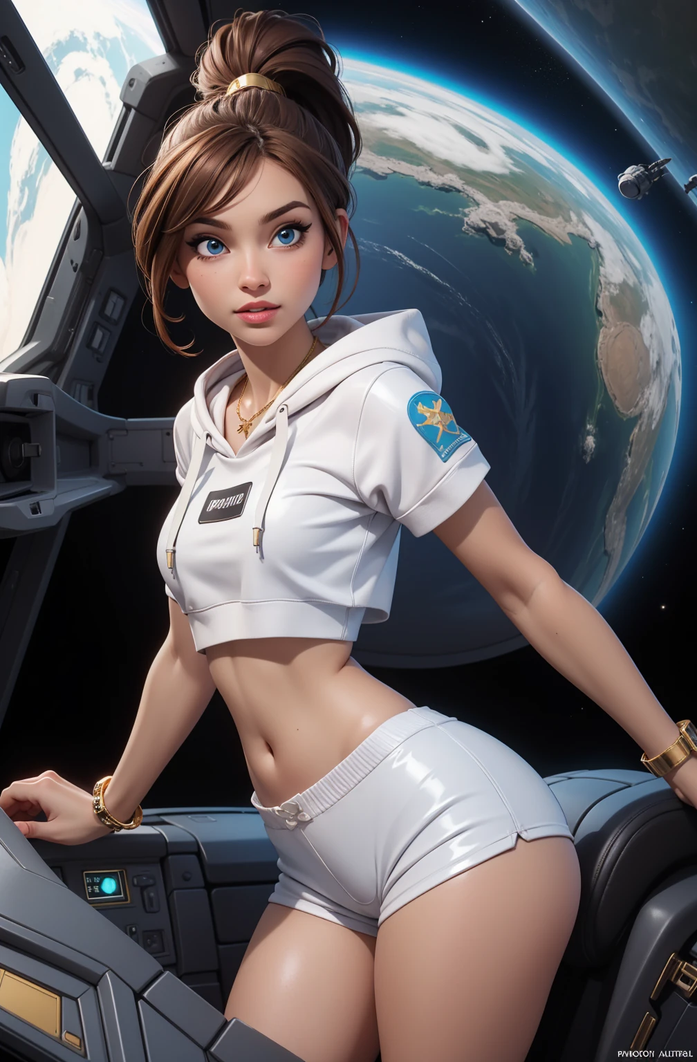 brown hair, blue eyes, ponytail, (white crop top hoodie), (white latex short shorts), gold necklace, wrist watch, in a cockpit of a spaceship, in space (photorealistic: 1.4)
