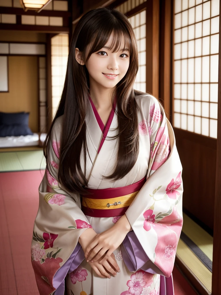 masterpiece、1 beautiful girl、Detailed eyes、Puffy eyes、Highest quality, 超High resolution, (Reality: 1.4), Cinema Lighting、Japanese、Asian Beauty、Super Beauty、Beautiful Skin、Slender、Body facing forward、(Surreal)、(High resolution)、(8k)、(Very detailed)、(Beautiful and detailed eyes)、(Ultra-detailed)、Detailed face、Bright lighting、Professional Lighting、(The costume is a kimono)、Long Hair, My hair is messy, (Japanese-style room)、Brown Hair、Japanese Idols、Age 21、expensive, smile,Double teeth、(((Turn your body forward)))、Show your whole body、Walking the hallway
