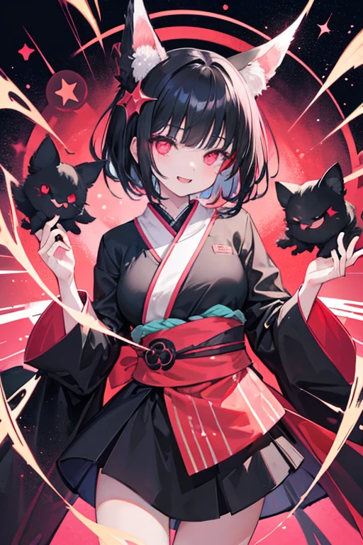 original character , One girl, (Crazy Smile:1.2) , Black Hair , bangs , Crazy Eyes , Put your hands on your face , Red and black color scheme, Open your mouth, (Eyes Wide Open:1.2), Glowing Eyes, left Star-shaped eyes, Star-shaped eyes, Pink Eyes, Pink Eyes、kimono、Short、witch