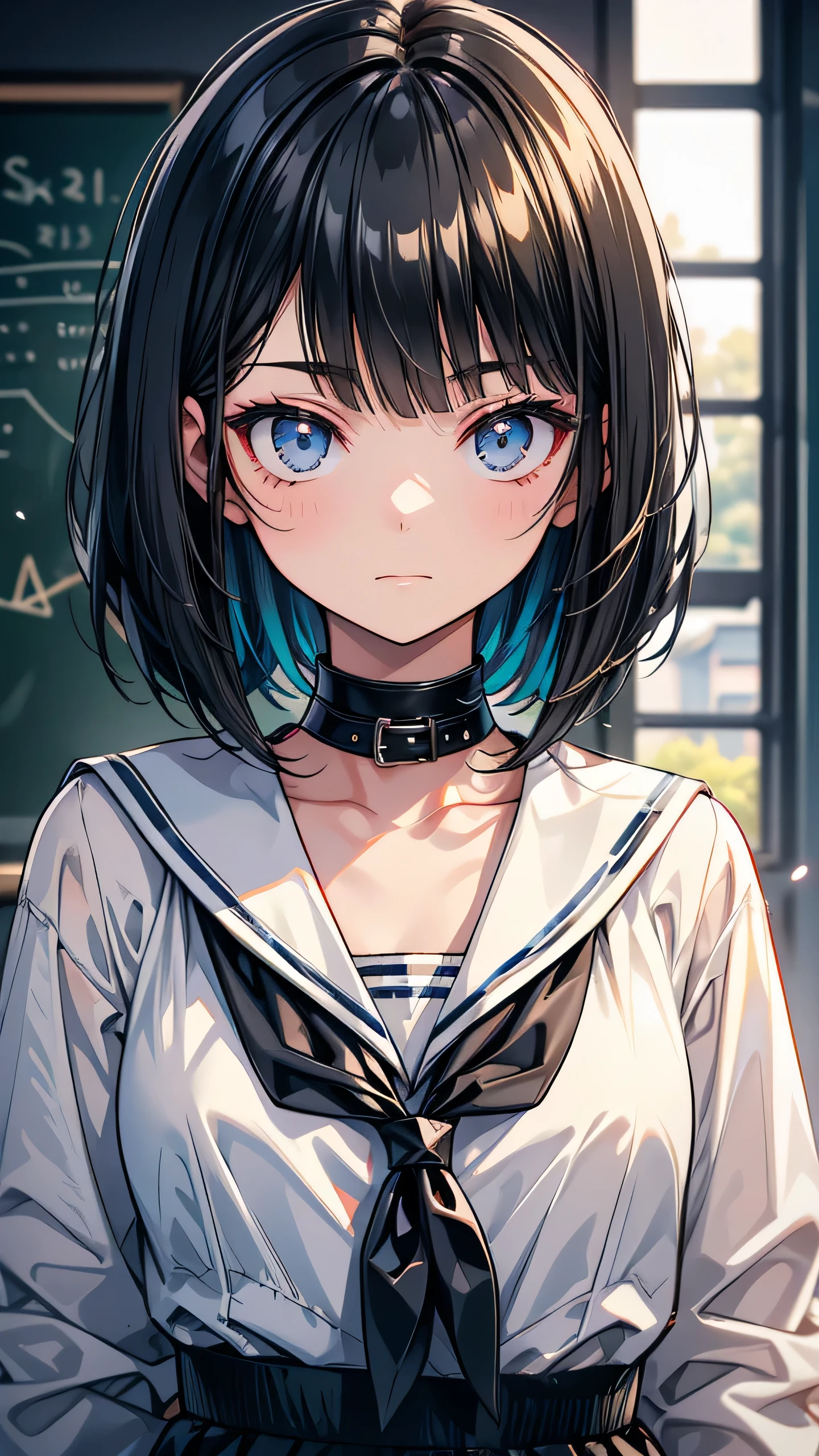 high school student　Bobcut　Black Hair　expensive　Narrow eyes　Expressionless　Glare　frivolous attitude　Country-style black sailor suit　Nagoya collar　Rural classroom　Close-up of face