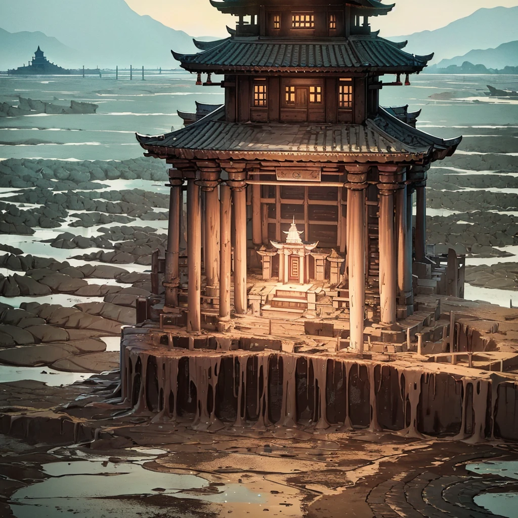 Best illustrations、Best Quality、(No humans、Background only)、((((Sea of mud、Brown Sea、Old Temple))))