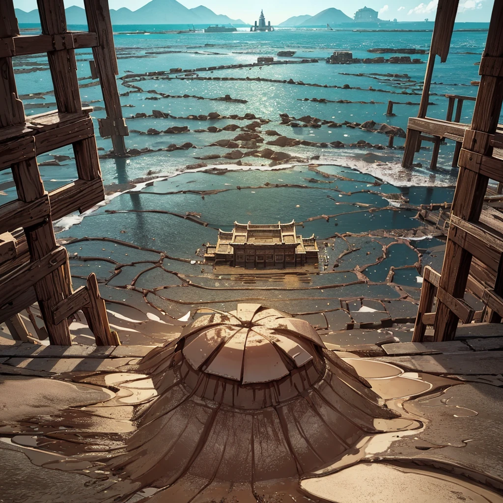 Best illustrations、Best Quality、(No humans、Background only)、((((Sea of mud、Brown Sea、Old Temple))))