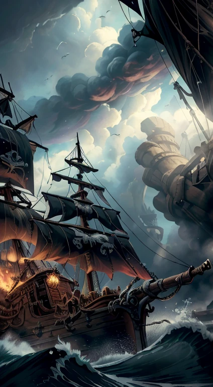 (8k, Highest quality, masterpiece)，Pirate War, Pirates ship war fighting each other, epic pirate battle, cannon fire, pirate ship war, detailed pirate ship, chaotic battle scene, stormy sea, dark clouds, fire and smoke,{Realistic, RAW Photos, Super Fine Clear, Impressionist painting, (Influenced by Impressionist painting:1.1)}, naval battle, Pirate Combat, 