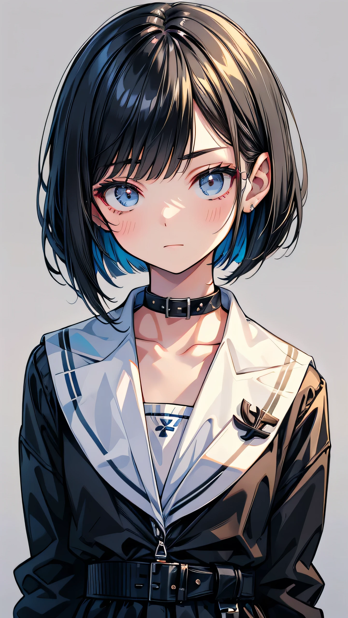 high school student　Bobcut　Black Hair　expensive　Narrow eyes　Expressionless　Glare　frivolous attitude　Country-style black sailor suit　Nagoya collar　Rural classroom　Close-up of face