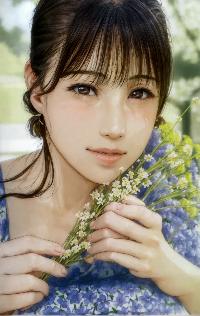 manga style, a close up of a woman holding a bunch of flowers, kimi takemura, Yoshitomo Nara, sakimichan, Chiho, close up iwakura lain, by Tadashi Nakayama, shiori teshirogi, Yasumoto Oka, Chiho ashima, deayami kojima, small face, kawaii, cute girl, brown hair, cute,
