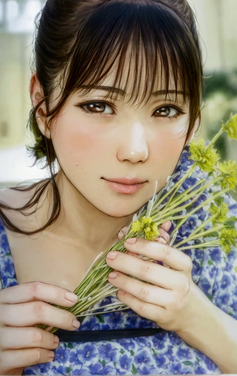 manga style, a close up of a woman holding a bunch of flowers, kimi takemura, Yoshitomo Nara, sakimichan, Chiho, close up iwakura lain, by Tadashi Nakayama, shiori teshirogi, Yasumoto Oka, Chiho ashima, deayami kojima, small face, kawaii, cute girl, brown hair, cute,
