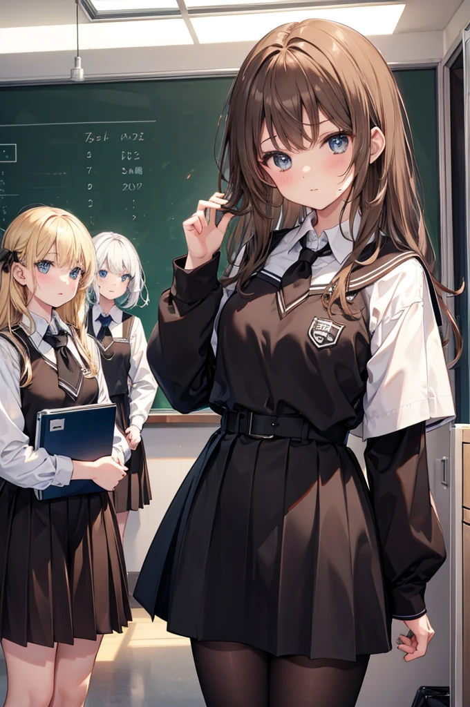 five girls, school, class, black, blond, brown,standing
