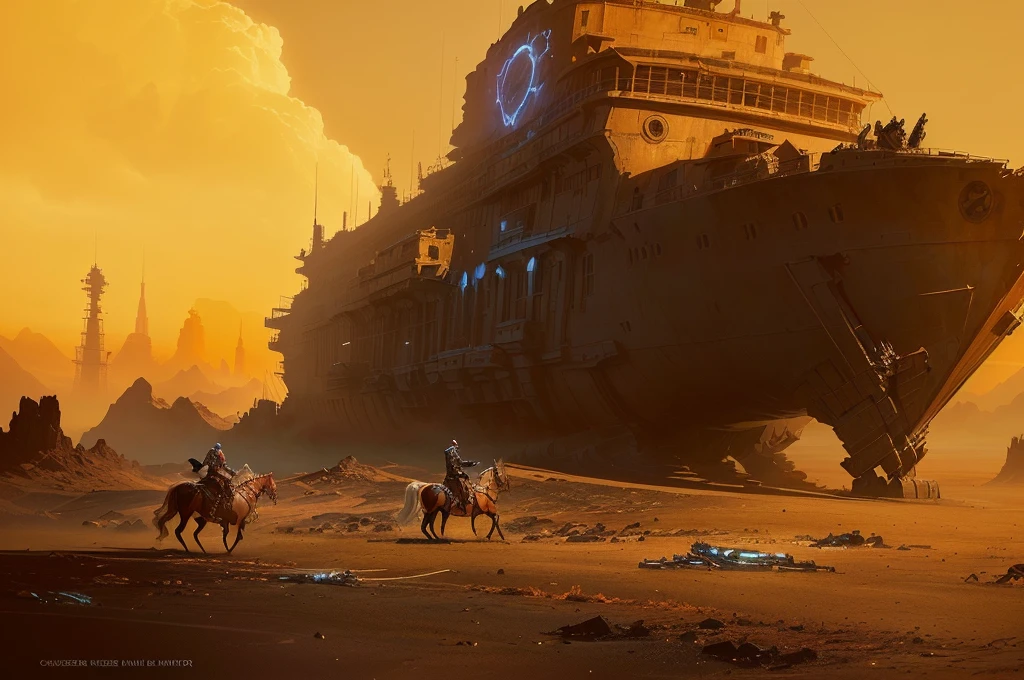 There is a man on horseback in front of the boat, author：Alexander Jean, Jessica Rosier Fantasy Art, Highly realistic concept art, Stunning sci-fi concept art, Craig Mullins Necro, 8k concept art, 8k concept art, 4K concept art, 4K concept art, dramatic concept art, Stunning concept art, Craig Mullins The Key to Darkness