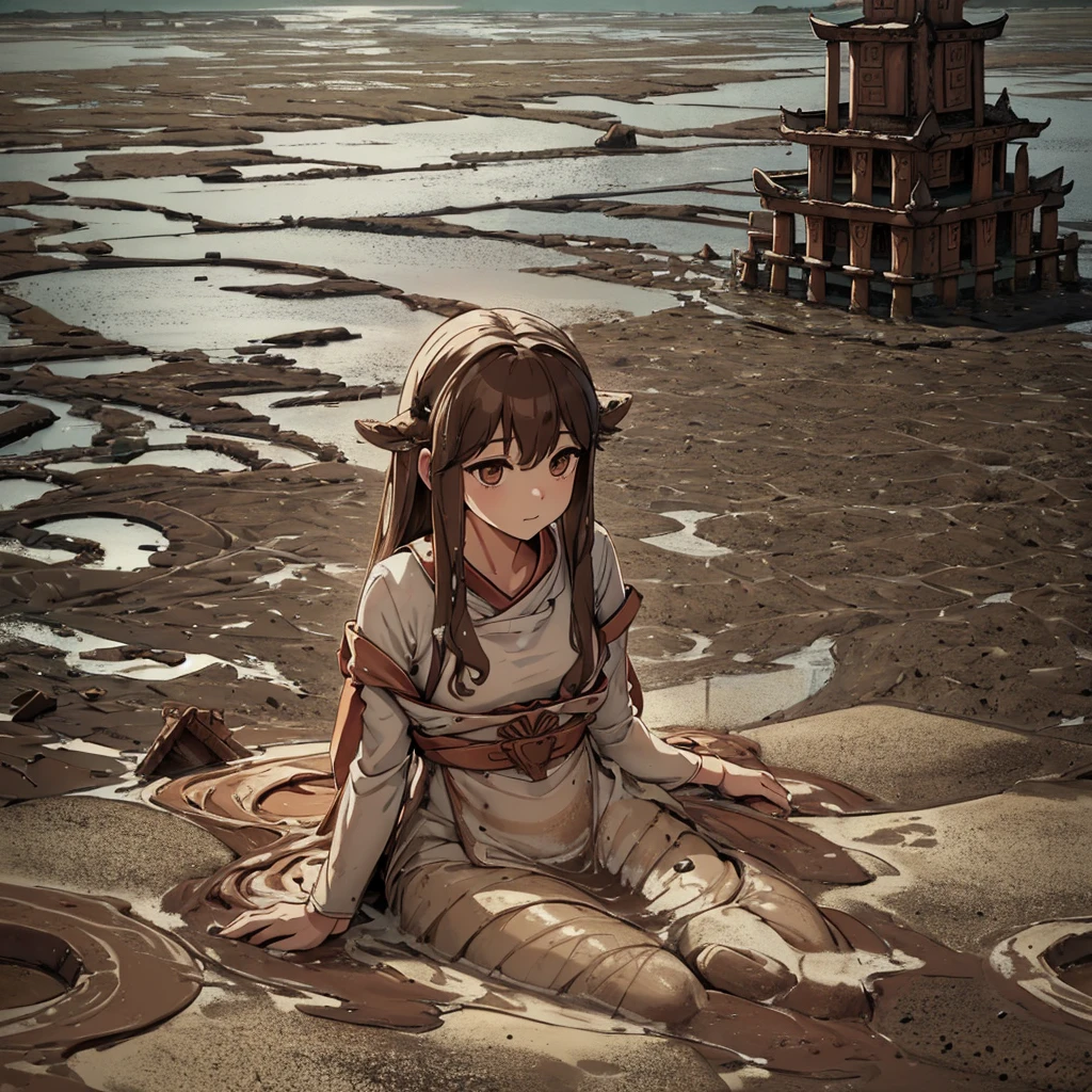 Best illustrations、Best Quality、(No humans、Background only)、((((Sea of mud、Brown Sea、Ancient temple))))