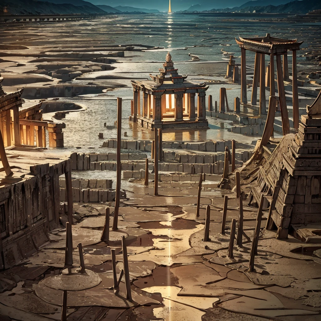 Best illustrations、Best Quality、(No humans、Background only)、((((Sea of mud、Brown Sea、Ancient temple))))