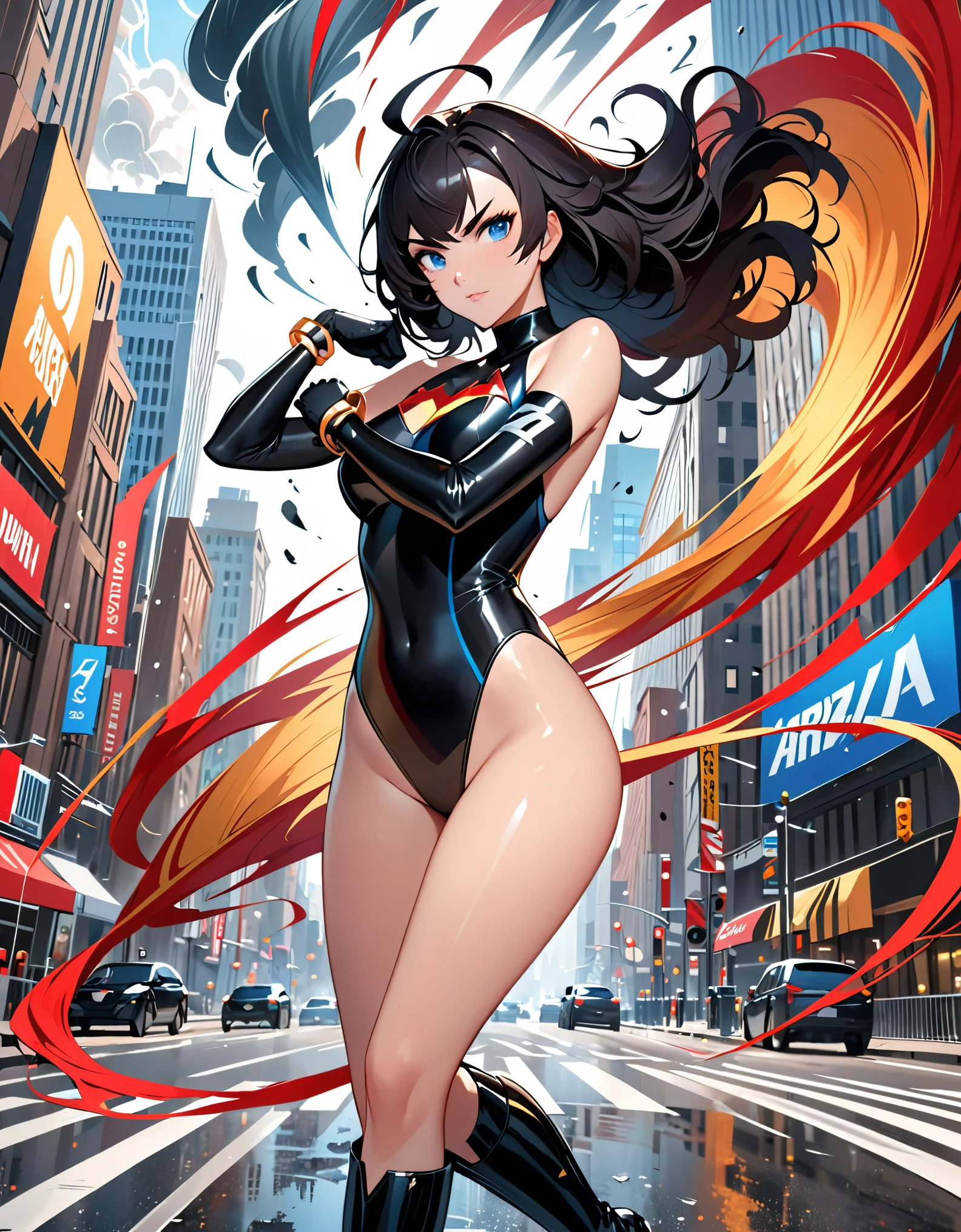 anime girl in a red and black suit twirling around in place on a city street, (fast spin, dynamic spin pose, standing straight, legs together), (spinning into a tornado), (spinning in place like a tornado), see-through tornado in front of her, (crossed arms), extremely detailed artgerm, style artgerm, style ivan talavera and artgerm, krenz cushart and artgerm, range murata and artgerm, artgerm style, in the style artgerm, ig model | artgerm, artgerm detailed, black hair, long hair, medium hair, ahoge, blue eyes, ((leotard)), bare legs, matching boots and gloves, superhero, bracelets, solo, solo focus, curved sword slash