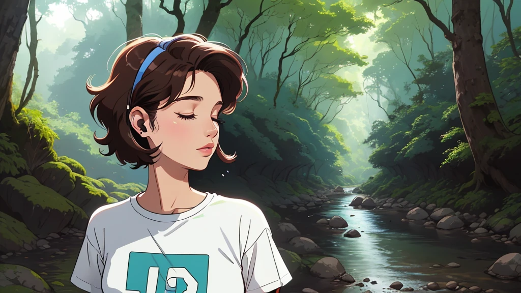 t-shirts fashion, Bluetooth earphone, LOFI Retro, stylish, 1980s, nature, river, forest, Yakushima forest, morning, beautiful dark brown bob hair woman in her 20s, close your eyes, white skin, upper body