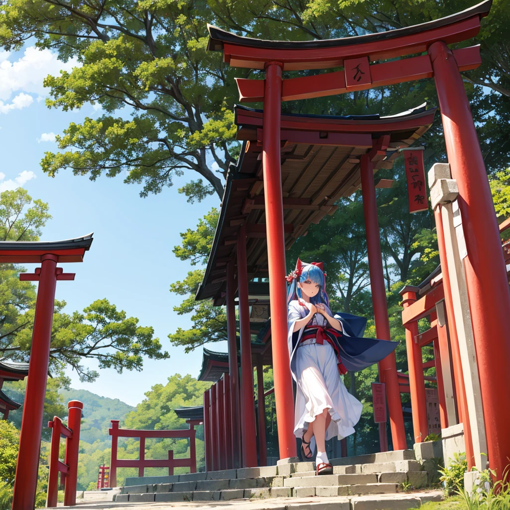 Panorama、Amazing visuals、A shrine and a vermilion torii gate in the background、The sea and pine forest can be seen in the background.、Mysterious Shrine Maiden、A fairy-like shrine maiden、long and clean hair、Dynamic Colors、Delicate expression、Shrine maiden dancing Kagura dance、Offer a prayer、Golden Eyes、Iridescent iris、Beautiful woman、Girl Shrine Maiden、Angel&#39;s Ladder to Illuminate the Girl