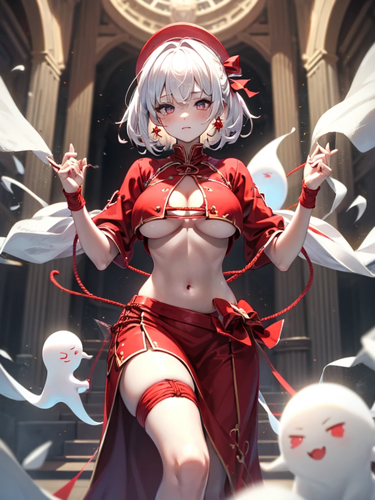 dancer, red dresses doll, showing off, masterpieces, HD, 16K, white hair, white eyes, red rope, scale up, perfect body shape, ghost, spirit, children, , cute, spiral, red ribbon, Violence lolita, undebs, sexy, mind break