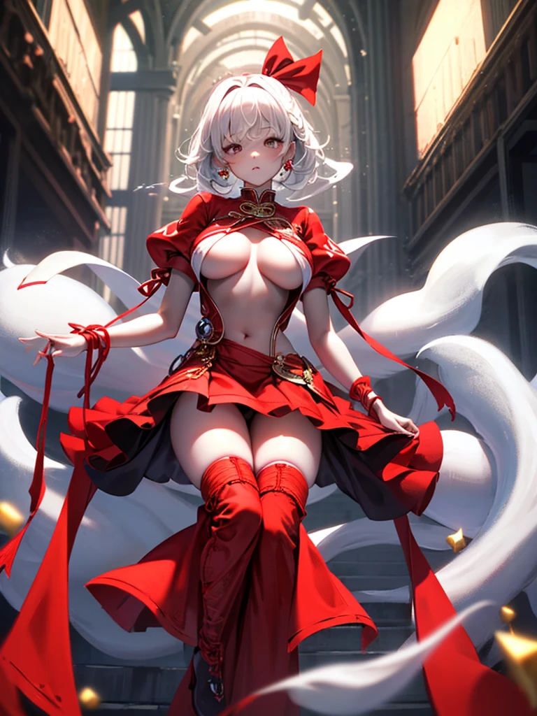 dancer, red dresses doll, showing off, masterpieces, HD, 16K, white hair, white eyes, red rope, scale up, perfect body shape, ghost, spirit, children, 14 years old, cute, spiral, red ribbon, ???????? lolita, underboobs, ????, mind break