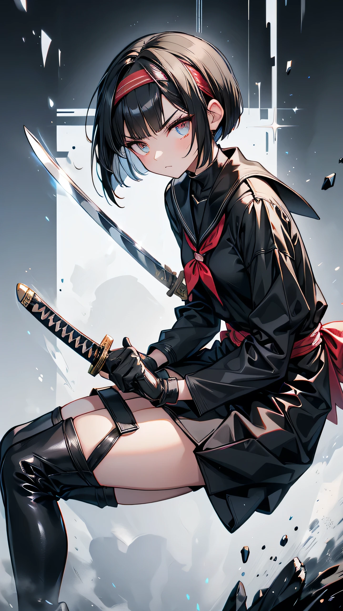 mature　Bobcut　Black Hair　expensive　Narrow eyes　Glaring at me　Glare　frivolous attitude　Black Sailor Suit　Armor　Wear a headband around your forehead　tiny hand　Hand guard　gloves　Black boots　Holding a Japanese sword　battlefield