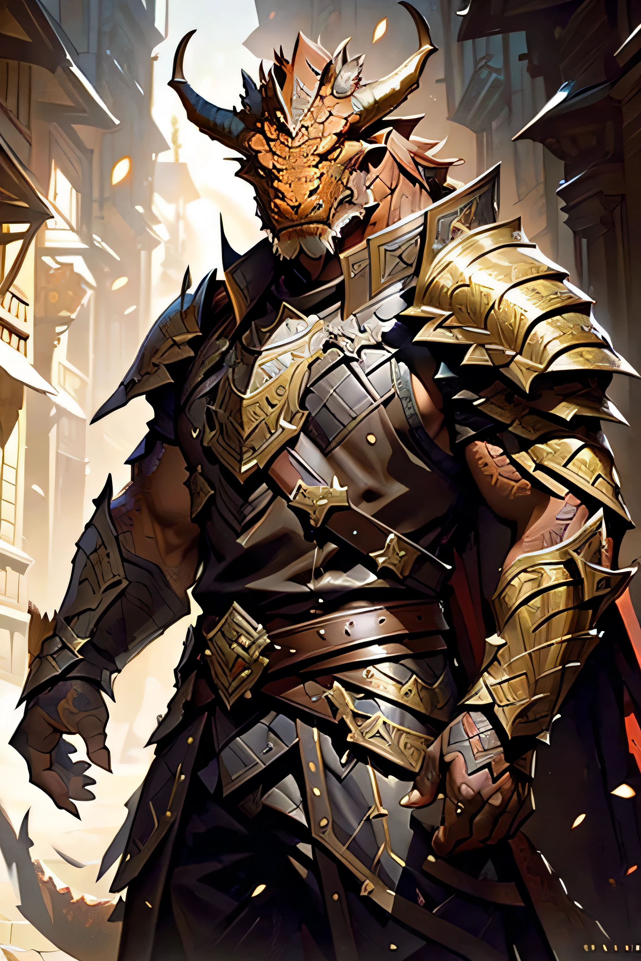 bronze dragon, masculine, Paladin,horns, solo portrait, scales, cola, strong, CLOTHES, ((masterpiece, Best Quality)), arte de Greg Rutkowski