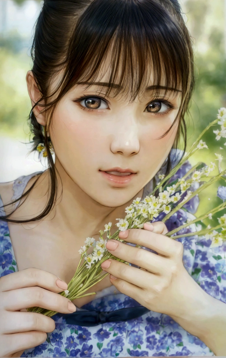 manga style, a close up of a woman holding a bunch of flowers, kimi takemura, Yoshitomo Nara, sakimichan, Chiho, close up iwakura lain, by Tadashi Nakayama, shiori teshirogi, Yasumoto Oka, Chiho ashima, deayami kojima, small face, kawaii, cute girl, brown hair, cute,