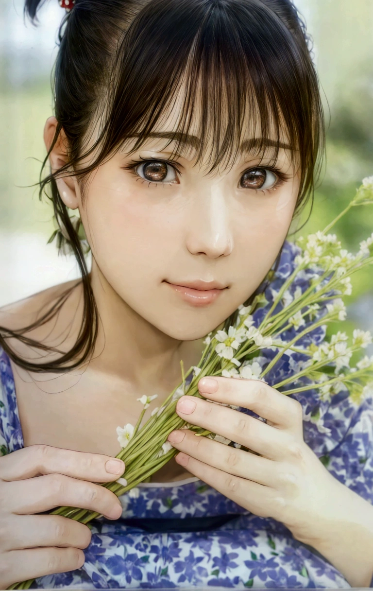 manga style, a close up of a woman holding a bunch of flowers, kimi takemura, Yoshitomo Nara, sakimichan, Chiho, close up iwakura lain, by Tadashi Nakayama, shiori teshirogi, Yasumoto Oka, Chiho ashima, deayami kojima, small face, kawaii, cute girl, brown hair, cute,
