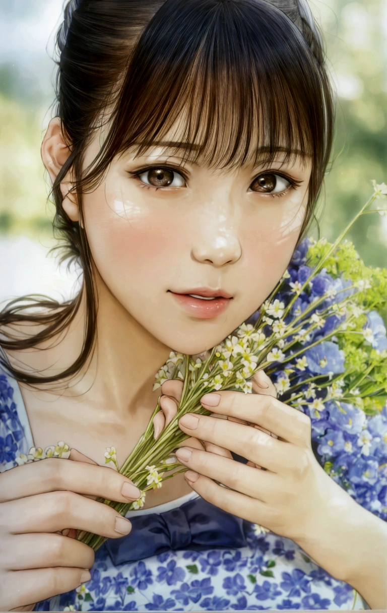 manga style, a close up of a woman holding a bunch of flowers, kimi takemura, Yoshitomo Nara, sakimichan, Chiho, close up iwakura lain, by Tadashi Nakayama, shiori teshirogi, Yasumoto Oka, Chiho ashima, deayami kojima, small face, kawaii, cute girl, brown hair, cute,
