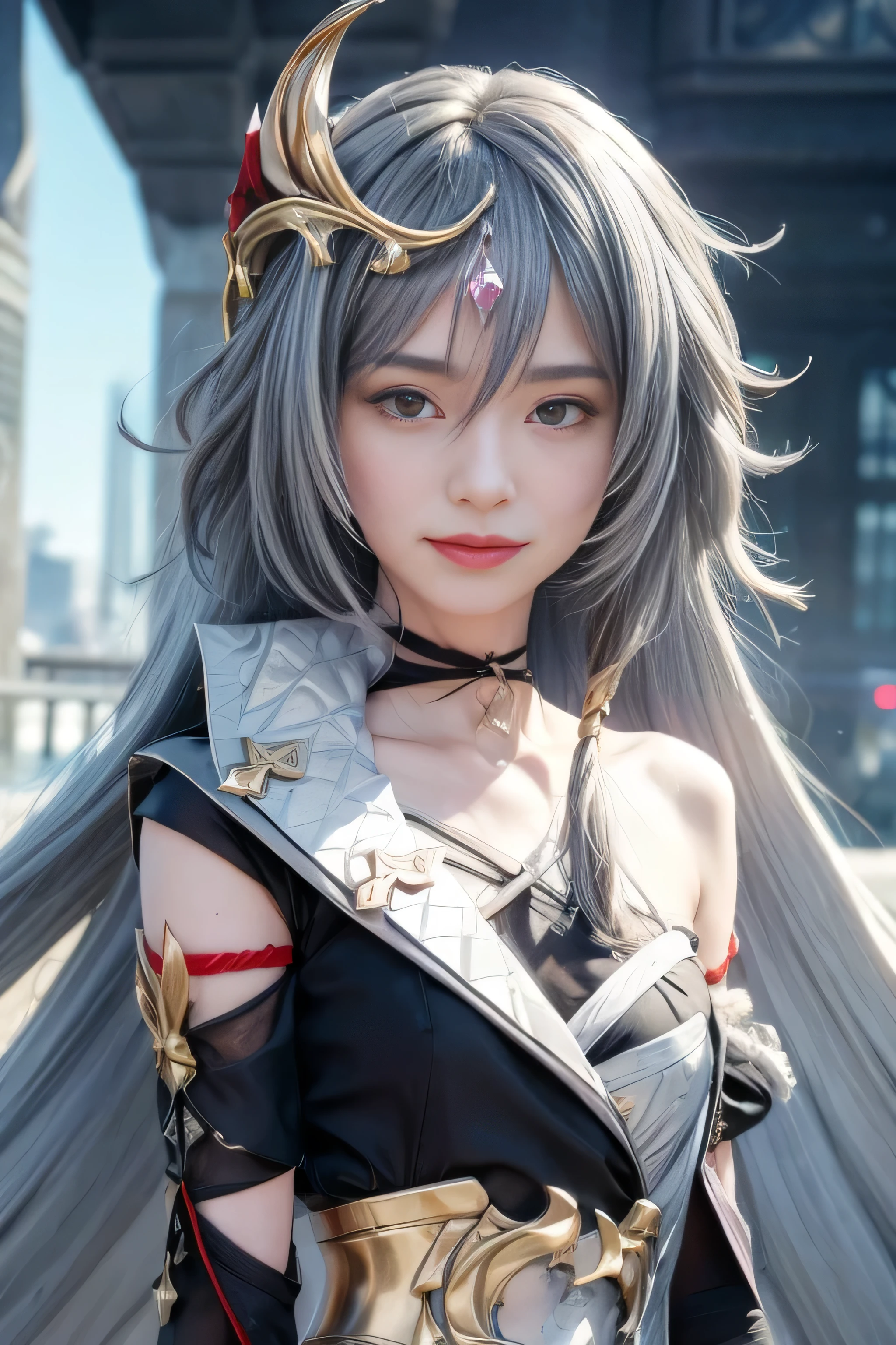 Realistic,masterpiece, best quality, (realistic,photo-realistic:1.4), (RAW photo:1.2),extremely detailed CG unity 8k wallpaper, delicate and beautiful, amazing,finely detail, official art, absurdres, incredibly absurdres, huge filesize, ultra-detailed,extremely detailed eyes and face, light on face,fu hua,little smile,(grey hair hair:1.3),long hair,(wearing armored dress:1.4),(small breast:1.3),(hair ornament:1.4),city background,