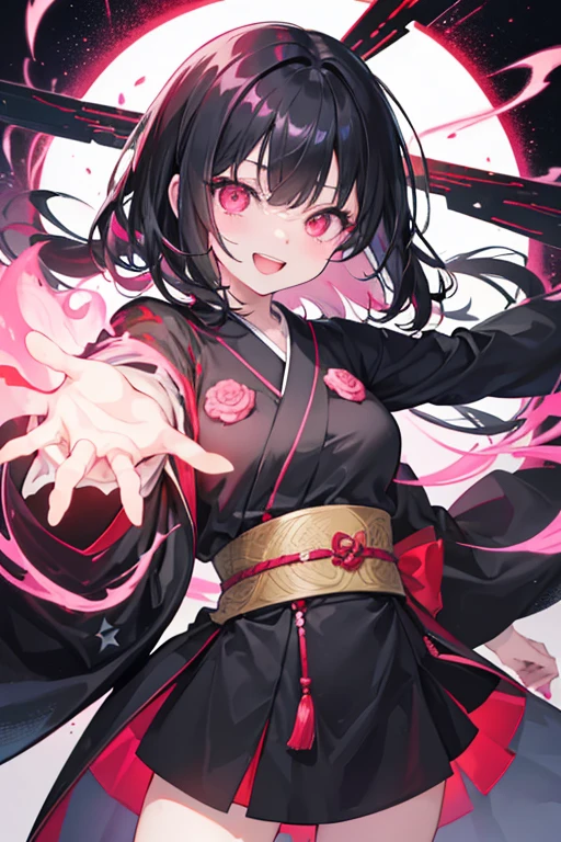 original character , One girl, (Crazy Smile:1.2) ,  Black Hair , bangs , Crazy Eyes , Put your hands on your face , Red and black color scheme, Open your mouth, (Eyes Wide Open:1.2), Glowing Eyes, left Star-shaped eyes, Star-shaped eyes,  Pink Eyes, Pink Eyes、kimono、Short、witch