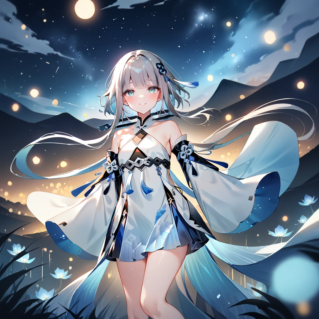 score_9, score_8_up, score_7_up, score_6_up,1girl, guizhong_\(genshin_impact\),(grey hair),short_hair_with_long_locks in front and low ponytail in back,gradient_hair,(pale grey eyes with seafoam gradient),starry_sky_print,detached_sleeves white outside blue starry inside, hands completely hidden by long sleeves,stunning field of softly glowing cerulean and white glaze lilies,night scene,gentle smile,face focus, eye focus,ladyshadow,moonlight,glossy lips,vivid anime coloring,cel shading,smooth, soft dreamy focus,anklet,halter_top,white clothes,highly detailed,digital painting,bare_shoulders,barefoot,cool night tones, magical night scene,bokeh, professional,anemo colored fireflies,nebula of stardust and silvery vapor,harmonious blend of nature and art,transcendent beauty,awe-inspiring artwork,(best quality,4k,8k,highres,masterpiece:1.2),yunamaro,carnelian,dsmile,cosmic stardust,guizhong, guizhong's def clothes, 1girl, long hair, blue eyes, barefoot, guizhong's dress, hair ornament, chinese clothes, sleeves past fingers,