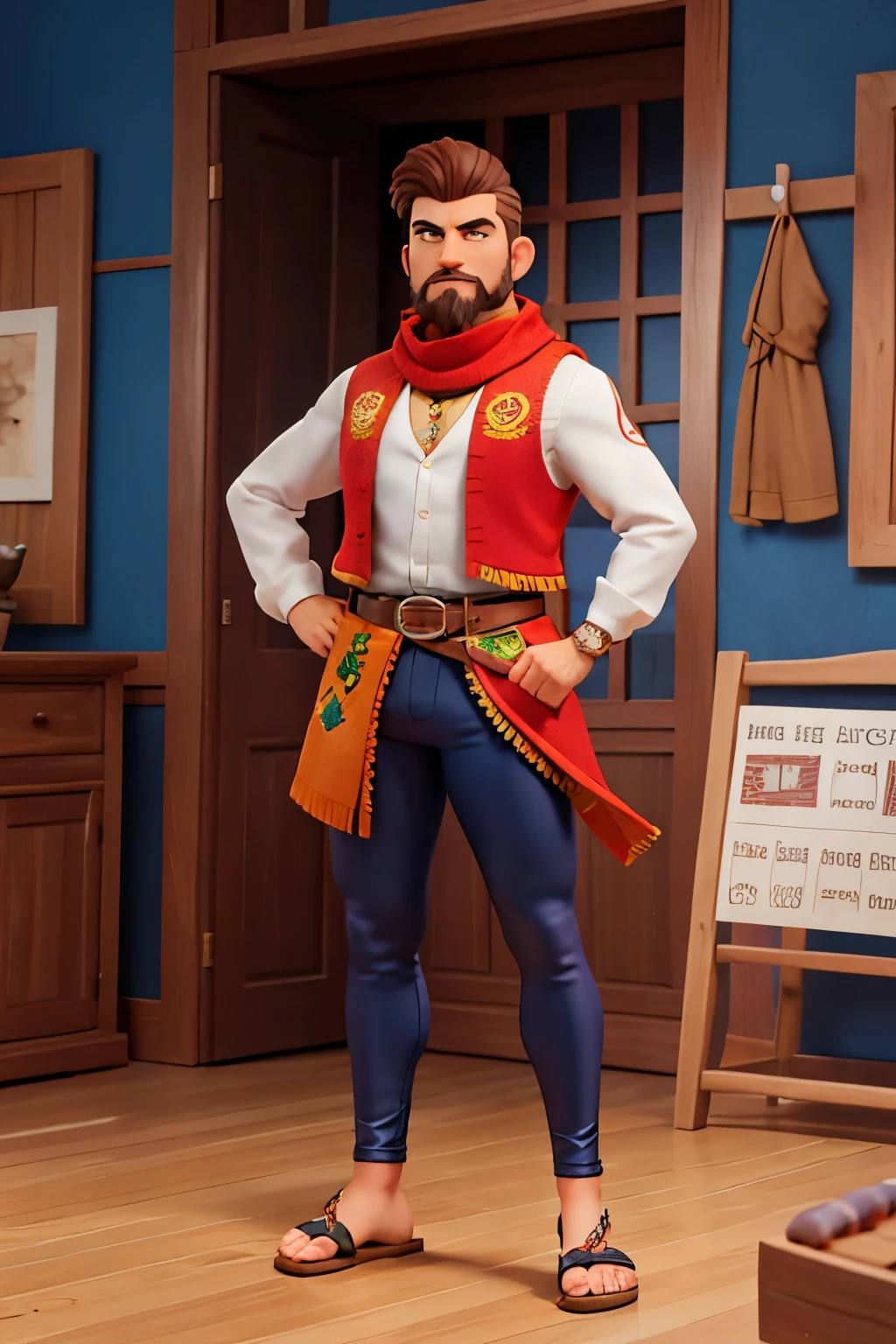 Draw a cartoon-style character a famous Brazilian cangaceiro. The character should have:
Lenço (Scarf): A vibrant red scarf tied around the neck.
Camisa (Shirt): A long-sleeved cotton shirt with colorful embroidered details.
Coletes (Vests): Leather vests with embroidery.
Cinturão (Belt): A leather belt with pouches and decorations.
Calças (Pants): Sturdy leather or cotton pants with embroidery.
Perneiras (Leggings): Leather leggings with decorative details.
Alpercatas (Sandals): Durable leather sandals.
Character Build and Appearance:
Build: Strong, muscular build.
Hair: Short light-colored hair.
Facial Hair: Short beard and mustache.
Age: Appears to be young.
Skin Tone: White skin tone.
Pose and Background:
Pose: In a heroic pose.
Background: A blue circle backdrop.