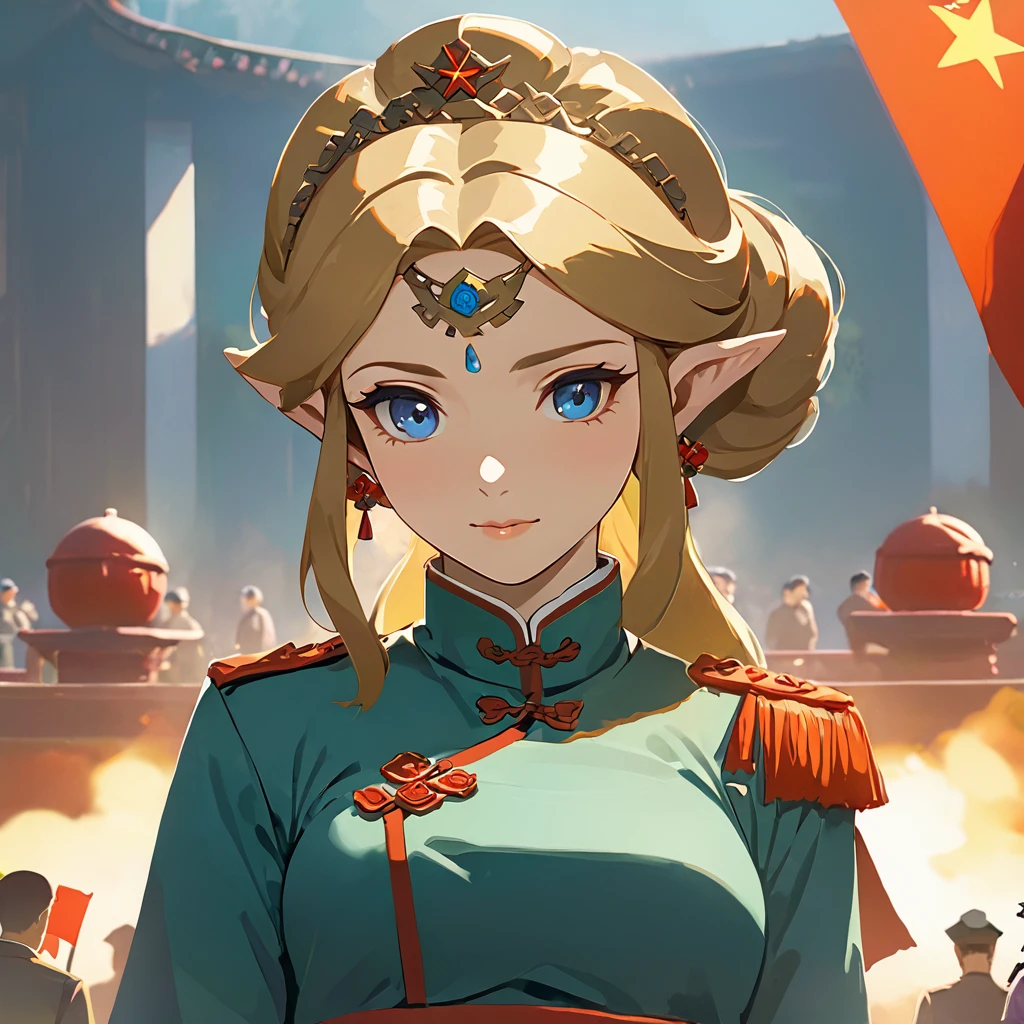 ((Highest quality)), ((masterpiece)), (detailed), （Perfect Face）、The woman is a Chinese Princess Zelda, a blonde Chinese woman with blue eyes, wearing an engagement ring. She has become a member of the glorious Chinese Communist Party and has sworn absolute loyalty to the Chinese Communist Party. She is a righteous Communist Party member of the ruling China and the wife of a great Communist Party official.、The woman is wearing the fine uniform of a Chinese Communist Party member.、For the sake of China, their hairstyles, clothes, and everything they wear are all Chinese Communist Party items, and their thoughts are also Chinese, becoming great Chinese in body and mind.、The woman became a Chinese Princess Zelda who was proud of and loved China.、She is serving China as a member of the great Communist Party of China.、The woman is a beautiful, respectable and exemplary Communist Party member.