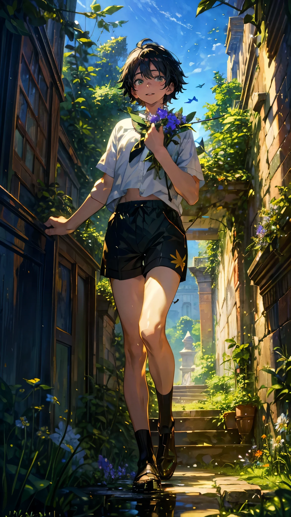 (Mastepiece), (Best Quality), Very detailed, (1 boy:1.5), (Full body solo shot:1.4), Perfect Face, Beautiful Boy, Very detailedな顔，(Black short hair:1.5)，(Green Eyes:1.4)，(Shorts:1.4)、(Lots of butterflies々:1.4)、bird、(ruins、Plants、flower:1.4)、mysterious、Fantasy、beautiful、beautiful、(Close your eyes and laugh:1.3)、(Happy Face:1.4)、A big smile