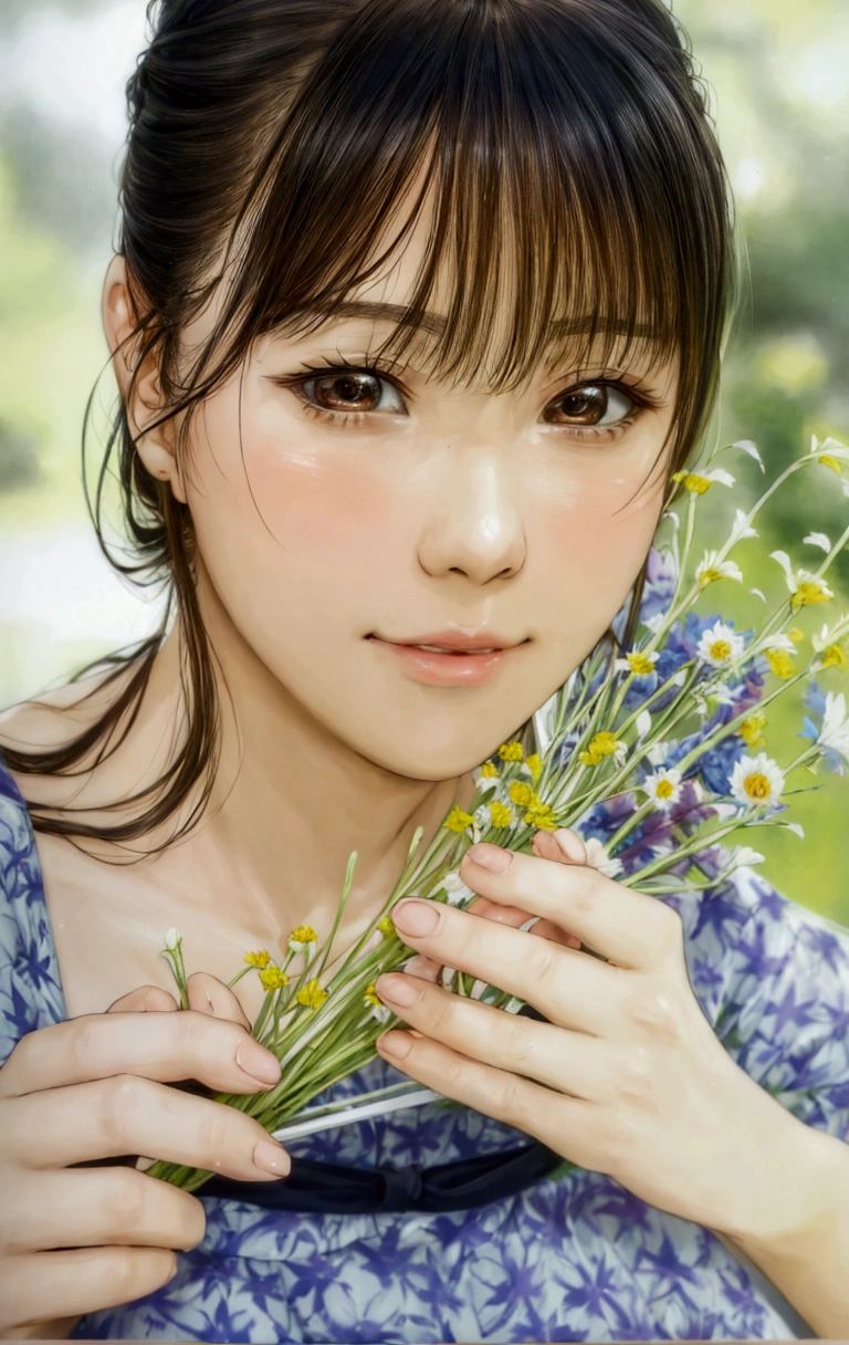 manga style, a close up of a woman holding a bunch of flowers, kimi takemura, Yoshitomo Nara, sakimichan, Chiho, close up iwakura lain, by Tadashi Nakayama, shiori teshirogi, Yasumoto Oka, Chiho ashima, deayami kojima, small face, kawaii, cute girl, brown hair, cute,