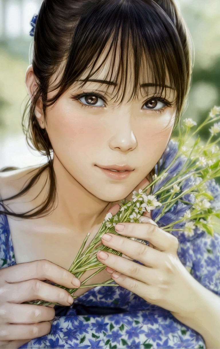 manga style, a close up of a woman holding a bunch of flowers, kimi takemura, Yoshitomo Nara, sakimichan, Chiho, close up iwakura lain, by Tadashi Nakayama, shiori teshirogi, Yasumoto Oka, Chiho ashima, deayami kojima, small face, kawaii, cute girl, brown hair, cute,
