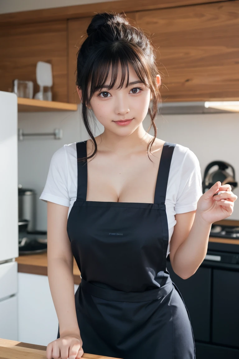 A woman is cooking, In the kitchen, Naked Apronを着用,(Naked Apron,Dark red apron,Short apron),(Hair Bun,curly,Black Hair),Medium Shot,smile,smile,Big round box,(cover-),Slim figure, Sweaty skin,(mole,pores),Realistic,Realistic:1.37, Tabletop, Highest quality,Hmph,Highly detailed skin,Detailed face,Amazing eye for detail,Beautiful and delicate,Detailed clothing,High resolution photos,Professional Light,Cinema Lighting, Cleavage、 Thighs、