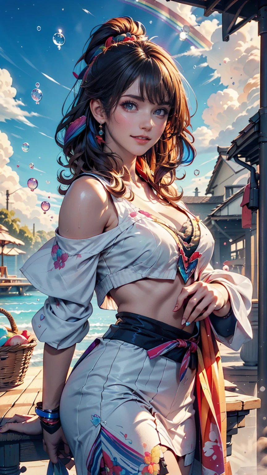 masterpiece, Highest quality, Highest quality, watercolor (Moderate), Official Art, beautifully、aesthetic: 1.2), (1 girl: 1.3), (Fractal Art: 1.3), morning, Good morning, smile, sunny day, Hilarious, Viewer, pattern, Wave, (Rainbow Hair, colorful Hair: 1.2), null, gas, cloud, colorful, Soap bubble