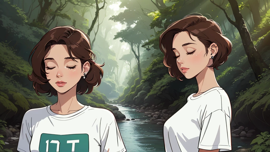 t-shirts fashion, wireless earbuds, LOFI Retro, stylish, 1980s, nature, river, forest, Yakushima forest, morning, beautiful dark brown bob hair woman in her 20s, close your eyes, white skin, upper body