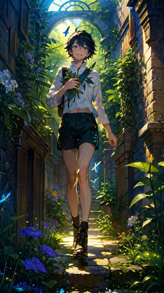 (Mastepiece), (Best Quality), Very detailed, (1 boy:1.5), (Full body solo shot:1.4), Perfect Face, Beautiful Boy, Very detailedな顔,(Black short hair:1.5),(Green Eyes:1.4),(Shorts:1.4)、(Lots of butterflies々:1.4)、bird、(ruins、Plants、flower:1.4)、mysterious、Fantasy、beautiful、beautiful、(Close your eyes and laugh:1.3)、(Happy Face:1.4)、A big smile