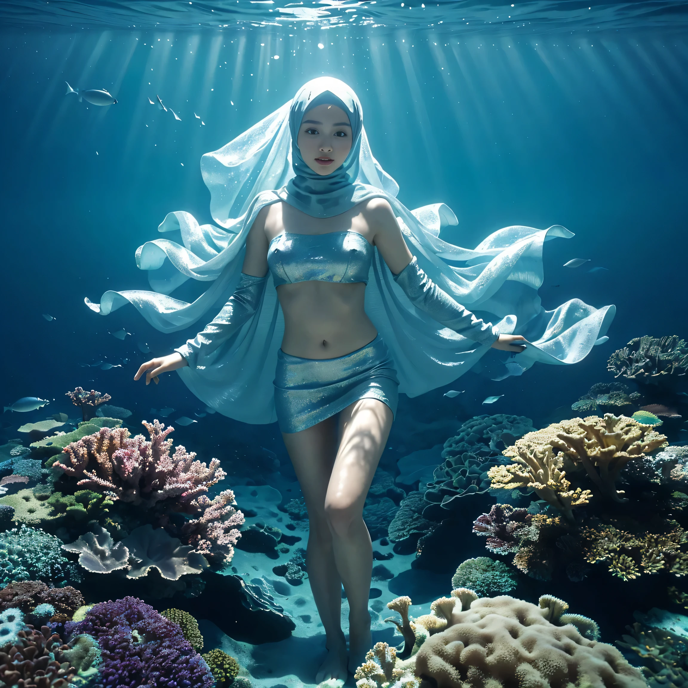 (masterpiece, beautiful ,best quality, realistic, ultra-realistic, realism, photorealism, 8k wallpaper, high quality, absurd, trending on ArtStation), Plunge into the magnificent world beneath the ocean's surface and depict the captivating sight of a girl in a (hijab with veil: 1.2), mini skirt and bikini in ocean colours, standing on the ocean floor, surrounded by a variety of bustling marine life. Bring viewers up close and personal with the girl and the underwater world, so that they can appreciate the intricate details of the marine environment. Show the girl as the central character, conveying a sense of awe and harmony as she interacts with the underwater creatures. Use a vivid colour palette to showcase the brilliant colours of corals, the shimmering scales of fish and the subtle movements of sea plants. Incorporate elements such as shells, starfish, and other marine flora and fauna to enhance realism and create a sense of depth. Let the artwork transport viewers into a mesmerising underwater world, where they can imagine themselves immersed in the girl's serene and stunning ocean encounters.