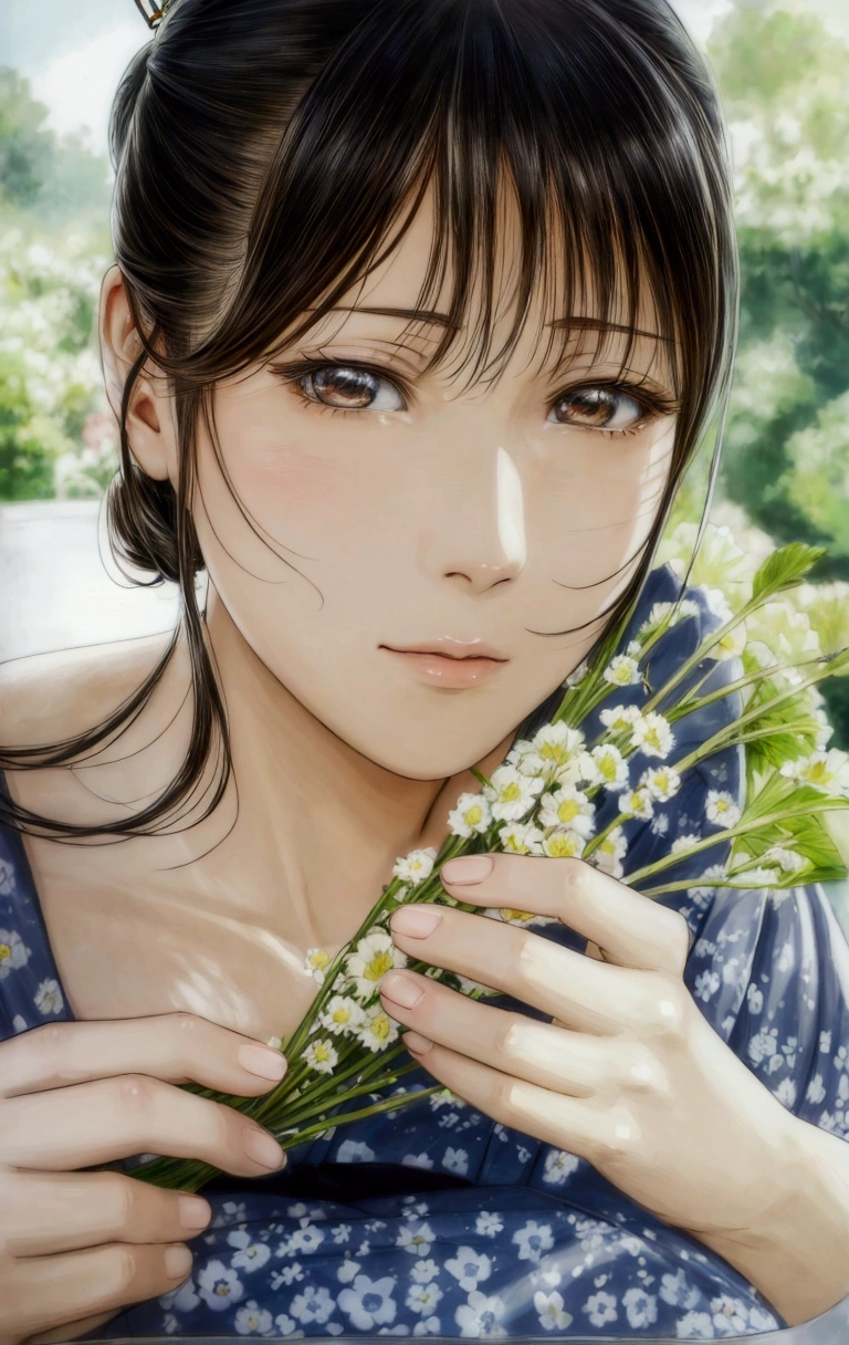 manga style, a close up of a woman holding a bunch of flowers, by Yamagata Hiro, beautiful anime portrait, detailed portrait of anime girl, realistic cute girl painting, beautiful digital artwork, beautiful japanese girls face, a beautiful artwork illustration, by Miwa Komatsu, realistic. cheng yi, photorealistic anime, beautiful anime girl, by Tanomura Chikuden